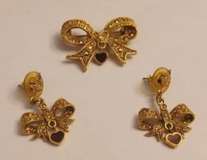 VNTG Costume Jewelry Gold Tone Dangling Yellow Bow Brooch with Earrings - Picture 1 of 3