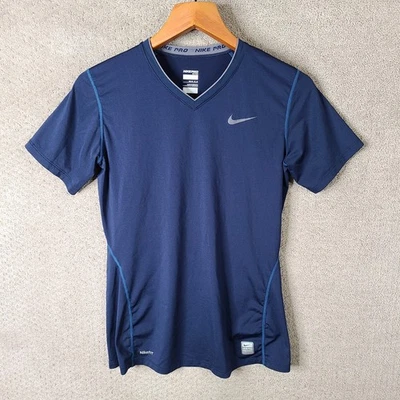 Camisa Nike Pro para mujer mediana azul ajustada cuello en V atlética elástica manga corta Foto 1 de 4