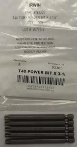 Irwin 93365 Torx Power Bit T40 1/4" Hex Drive, 3-1/2" OAL 5pcs. - Picture 1 of 1