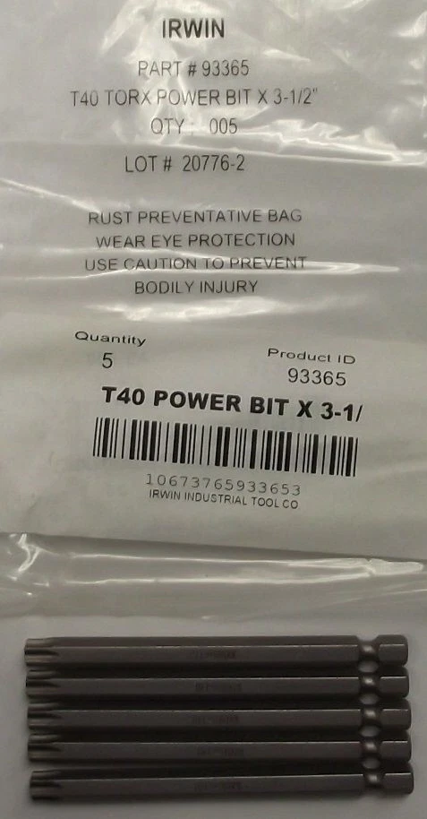 Irwin 93365 Torx Power Bit T40 1/4" Hex Drive, 3-1/2" OAL 5pcs. - Image 1 of 1