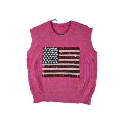 Colete suéter de malha rosa M lantejoulas bandeira americana patriótica EUA brilho 4 de julho - Imagem 1 de 4
