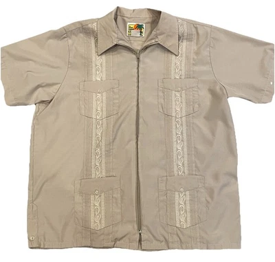 HABAND 复古男式 Guayabera Cargo 热带野生动物园米色纽扣衬衫 L XL — 第 1/4 张图片