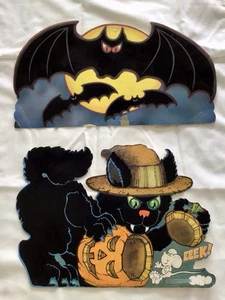 DE COLECCIÓN HALLOWEEN 2 DECORACIONES TROQUELADAS FLOCADAS MURCIÉLAGOS Y GATOS - Imagen 1 de 2