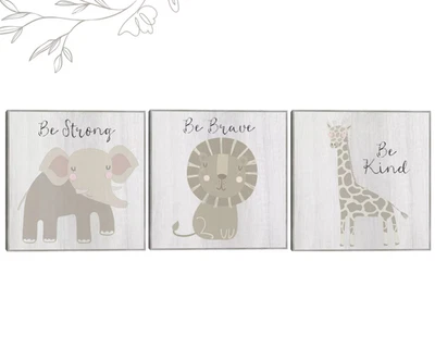 儿童野生动物园动物框架墙艺术 3 件套 12 英寸 x 12 英寸中性勇敢类强力 — 第 1/4 张图片