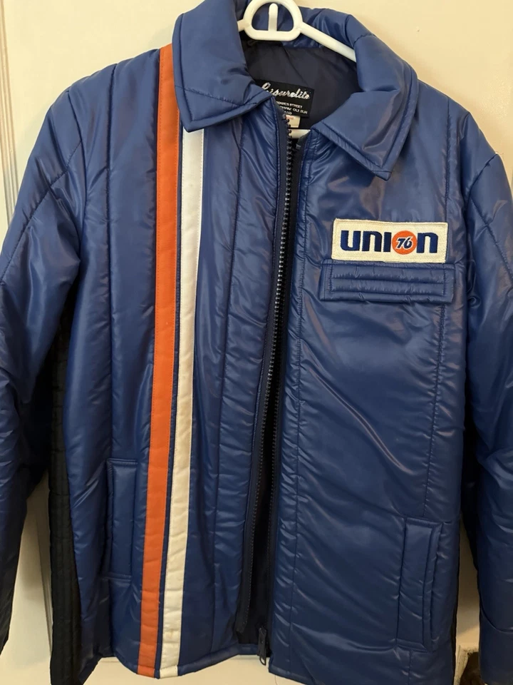 Chaqueta cortavientos Union 76 impresionante acolchada cálida rara vintage carrera rayas capucha Foto 1 de 4