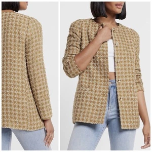 NWT Express Classic Plaid Gold Tweed 5 Button Blazer Jacket M Academia $228 - Picture 1 of 10