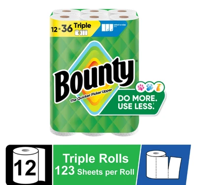 Bounty Paper Towels Select-A-Size White, 12 Triple Rolls, 123 Sheets per Roll