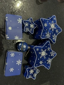 Lot of Blue Snowflake Holiday Decor – Velvet Star Boxes, Metal Tins & Ornament - Picture 1 of 24