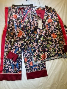 Free People We Are HAH HAHT ECO PJ Set Queen Fisher Floral Navy Satin Pajamas XL - Picture 1 of 18