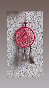 Red handmade dream catcher with beads and feathers - Picture 1 of 5
