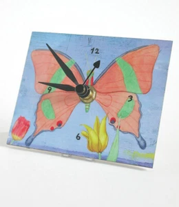 Pink Butterfly & Tulips Handcrafted Small Wall or Desk Clock-Paperwings Studio - Picture 1 of 2