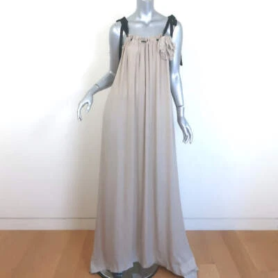 Lanvin Ribbon Strap Rosette Maxi Dress Taupe Matte Satin Size 38 - Image 1 of 4
