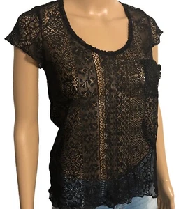 Urban Outfitters Kimchi Blue Black Lace Top Sz S Shimmer Sheer Short Sleeve - Picture 1 of 12