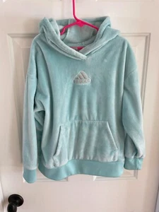 Adidas Faux Fur Hoodie Girls Youth 7/8 Small Ice Frappe Soft Fleece Sweatshirt - Picture 1 of 1