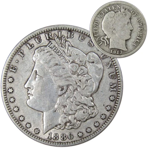 1886 O Morgan Dollar XF EF Extremely Fine with 1913 Barber Dime G Good Cover