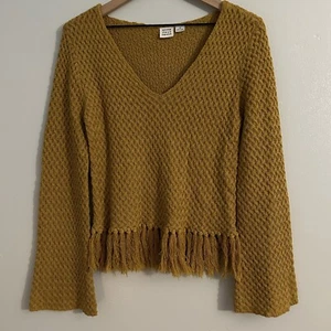 Somedays Lovin Mustard Yellow Sweater XS Fringe Tassel Hem Cropped Bell Sleeve - Picture 1 of 6