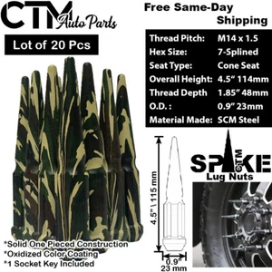 20Pc 4.5" TALL CAMOU M14x1.5 SPLINE SPIKE LUG NUT+KEY CHARGER RAM1500 TESLA - Picture 1 of 2