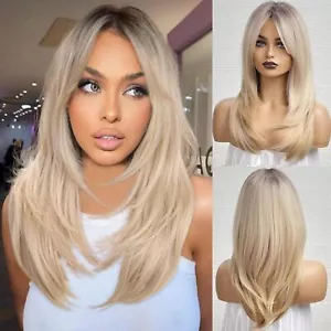 Ombre Blonde Wigs with Bangs,Shoulder Length Ash Blonde Wig for Women Dark Roots - Picture 1 of 6