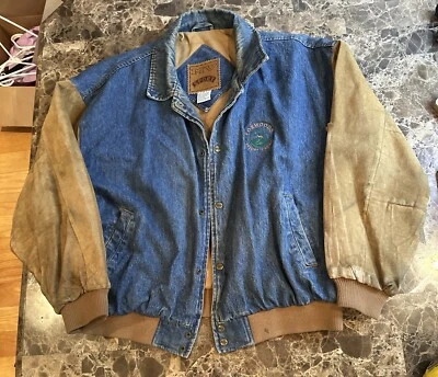 Chaqueta de Camionero Denim Años 80 De Colección Hombres XL Aplastada Envejecida Tareas Cuero Grunge Foto 1 de 4