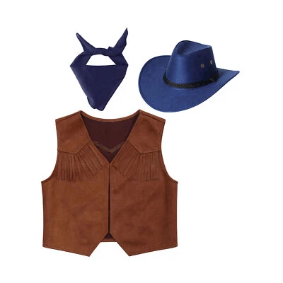 Cowboy Costume Fancy Dress Ups Set with Waistcoat Bandana and Hat for Boys Girls - Image 1 of 4