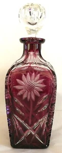 BOHEMIAN 11.5” BURGUNDY DECANTER W/ STOPPER CUT-TO-CLEAR FLORAL, HAND-CUT - Picture 1 of 10