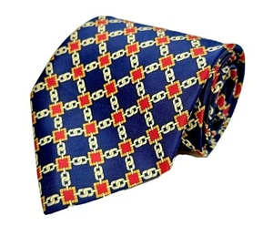 Rene Chagal Mens Necktie Silk Chain Link Pattern Silk Blue Gold Red Hand Made - Picture 1 of 7