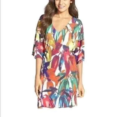 TRINA TURK Vestido Cambio Estampado Palma Manga Dolman Cuello en V Natación Playa Encubrimiento 6 = S Foto 1 de 4