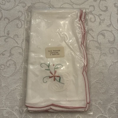 New White Cotton Napkins Pretty Delicate Embroidery Pink Trim Package of 4 - Image 1 of 4
