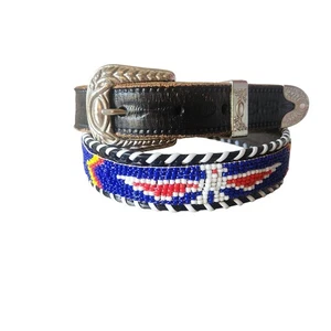 Leather Native American Style Beaded & Laced Belt Western Southwestern Small - Picture 1 of 9