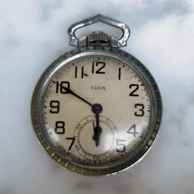Elgin 16s Pocket Watch Gr 594 1943 Vtg Art Deco 7J Silver Tone Working ⌚ - Image 1 of 4