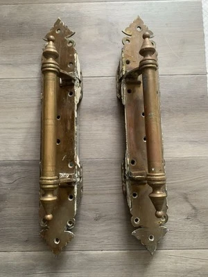Pair of Large Bronze Brass Reclaimed Folding Hinged Church Door Pull Handles - Image 1 of 4