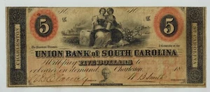 1857? Charleston UNION BANK OF SOUTH CAROLINA $5 Obsolete Currency - Picture 1 of 2