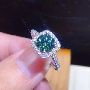 1.84 TCW Round Cut Blue Moissanite Halo Engagement Ring 14k White Gold Plated - Picture 1 of 5