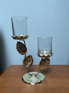 Metal Glow By Galow Double Candle Stick Votive Holder MCM USA Brass Leaves - Picture 1 of 12