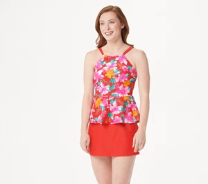 Isaac Mizrahi Live! Floral Peplum Tankini with Skirt, Flame Red, Size 6 - Picture 1 of 4