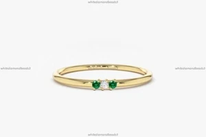 Minimalist Band Fine Birthday Engagement Ring 14k Gold Emerald Diamond - Picture 1 of 3