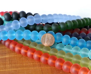 8" LARGE 14mm rondelle sea beach glass beads frosted recycled matte PICK COLOR - Picture 1 of 13