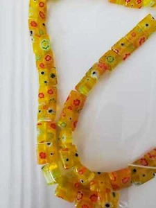 Millefiori Glass,Sun Yellow with Multicolored Flowers, 7x7mm-8x8mm Puffed square - Picture 1 of 3