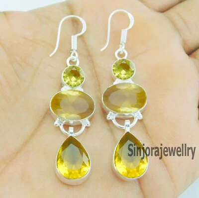 Citrine gemstone earrings 925 sterling silver handmade gift 2.25 inch - Image 1 of 4