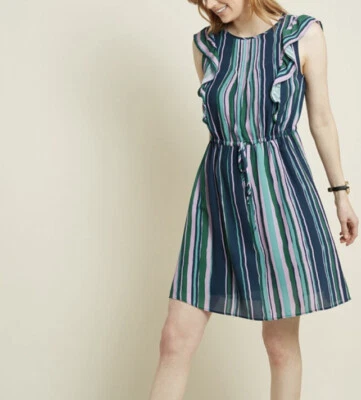 Modcloth Dress Women Small Ruffled Stripe Sleeveless Waist Tie Lined Green b26 - Image 1 of 4