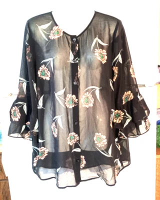 CABI La Di Da BLACK FLORAL 3/4 TIERED BELL SLEEVE CHIFFON BLOUSE TOP SIZE L - Image 1 of 4