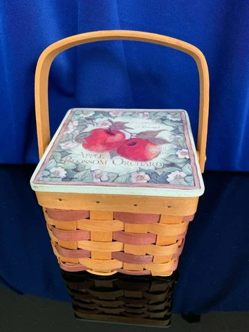 Vintage wood woven picnic basket with ceramic lid painted apples 4" by 4" Cover