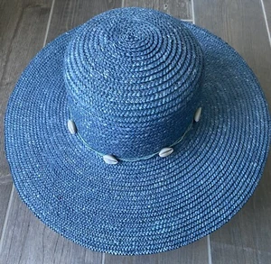 Cappello da sole casual da donna blu 100% paglia tesa larga nuovo con etichette conchiglie Cowrie sistema operativo - Foto 1 di 7