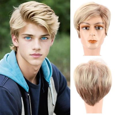 Men Wigs Short Gold Hair Fashion Short Men Blonde Wig Straight Synthetic Wig UK