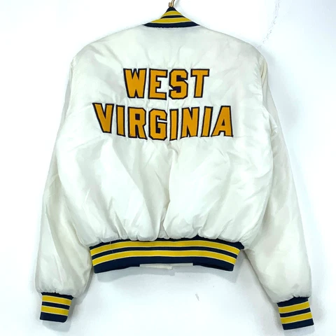 Vintage West Virginia Mountaineers Snap Button Satin Bomber Jacket Small Ncaa Cover