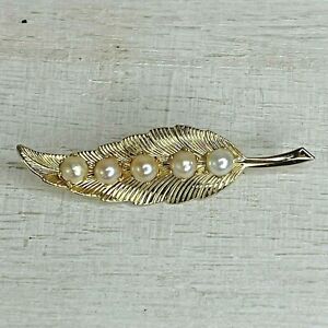 Vintage Gold Tone Feather 5 Pearl Brooch Pin
