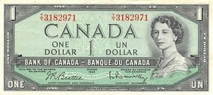 Canada $1 1954 / 1961 P 74b Series T/Y Plate # 119 Circulated Banknote C11 - Picture 1 of 2