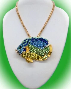 Sweet Betsey Johnson Blue Green & Yellow Tropical Fish Pendant Brooch Necklace - Picture 1 of 16