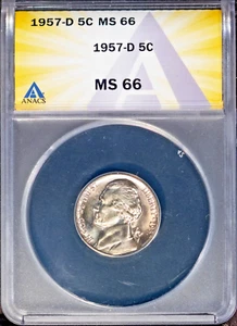 1957-D 5c Jefferson Head Nickel MS 66 ANACS # 7696000 + Bonus - Picture 1 of 2