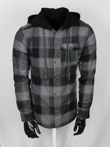 Camisa con Capucha de Franela a Cuadros Negra Gris para Hombres Ligera Bolsillo con Botones Calce Ajustado - Imagen 1 de 3